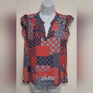 Lipslide Pullover Blouse Top V Neck Ruffled Cap Sleeve L